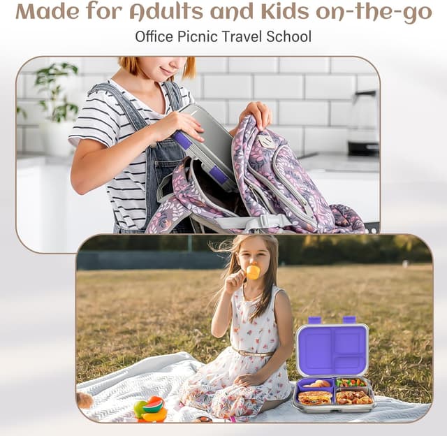 Thumbnail 6 de BABHAMNESS Stainless Steel Kids Bento Box (3 Compartments) — Leak Proof Lunch Container, BPA-Free, Dishwasher Safe, Purple