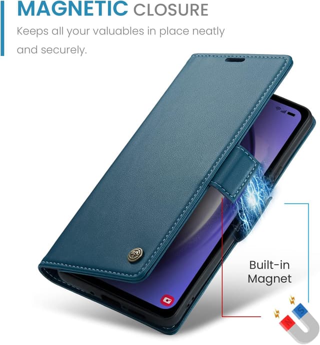 Detalle de QLTYPRI Hülle für Samsung Galaxy A55 5G – RFID-Flip-Case mit Kartenfach, Standfunktion und PU-Vintage-Look (blau)