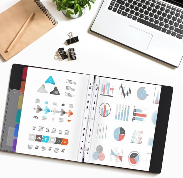 Detalle de Uquelic A4 presentation ring binder with 50 punched pockets and 6 PP divider pages (black)