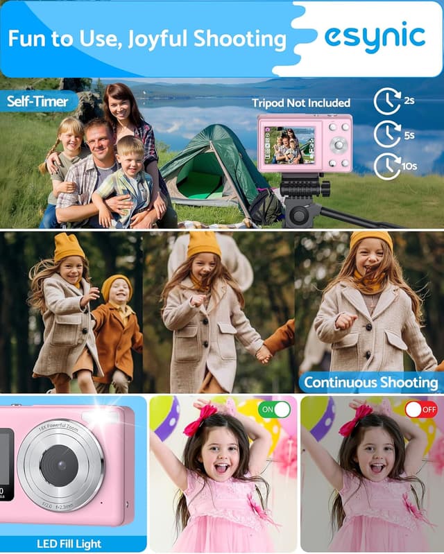 Thumbnail 6 de eSynic Digital Compact Camera 4K 48MP with Dual Screens, 18X Zoom and LED Fill Light (Pink) + 32G SD Card