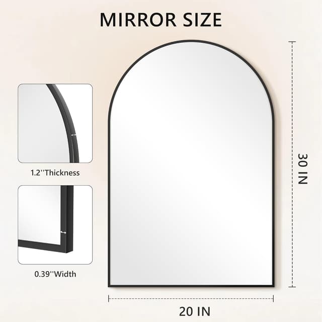 Thumbnail 6 de 30"x20" Arched Black Wall Vanity Mirror with Metal Frame (Shatterproof Glass, Matte Black)