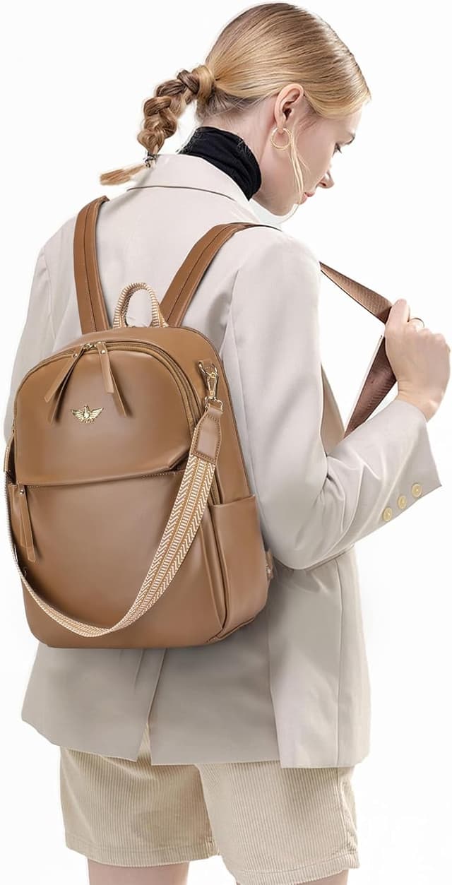 Detalle de BAGZY Handgepäck-Rucksack 40×30×10 cm mit 14-Zoll-Laptopfach – 2-in-1 Damenrucksack/Handtasche, braun, wasserabweisend