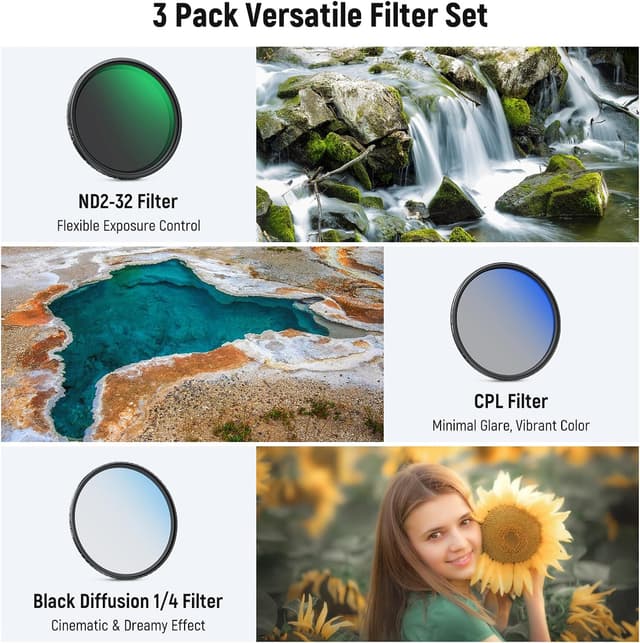 Detalle de NEEWER 58mm Variable ND Filter-Set (ND2-32) + CPL + schwarzer Diffusionsfilter 1/4, 3er-Pack