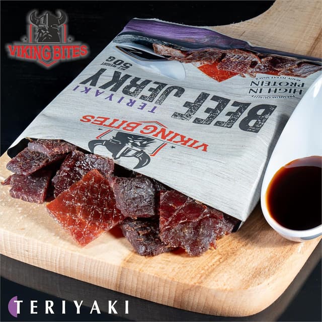Detalle de Viking Bites Beef Jerky Teriyaki, 400 g (8 x 50 g) – getrocknetes Rindfleisch mit hohem Proteingehalt