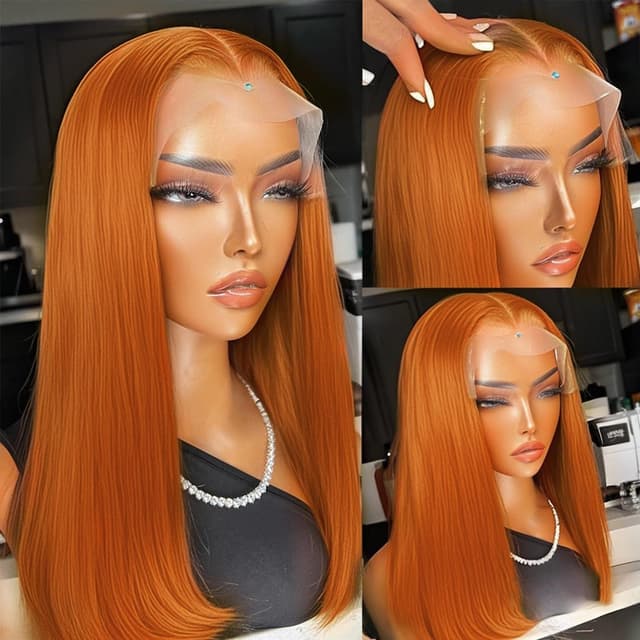 Detalle de FFEGG Ginger Orange Bob Wig (13x4 HD Transparent Lace Frontal, Human Hair) — Straight Short Bob