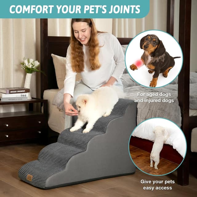 Detalle de COZY KISS Dog Stairs for High Bed (22.6" H) – 5-Tier Small Pet Steps with Leakproof Cover, Dark Grey