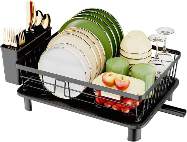 Detalle de GHERISN Dish Drainer Rack with Drip Tray – Stainless Steel sink dish drying rack (black)