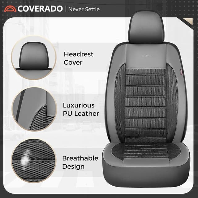 Thumbnail 6 de Coverado Car Seat Covers Full Set (5 Seats) in Black Gray – Luxury Leather + Mesh Protectors