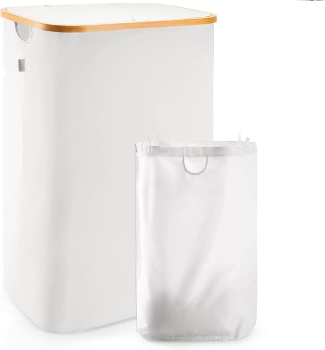 Thumbnail 6 de LONBET 100L panier à linge avec couvercle et cadre en bambou, sac amovible et poignées latérales (gris clair)