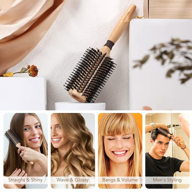 Detalle de BESTOOL Rundbürste zum Föhnen mit Wildschweinborsten und Nylonstiften (Barrel 38 mm) – fürs Glätten, Locken & mehr Glanz