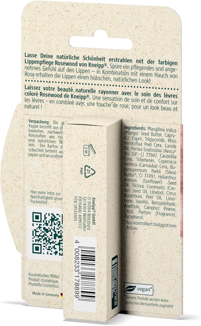 Detalle 2 de Kneipp Rosewood – Cura labbra colorata con burro di karité biologico e vitamina E
