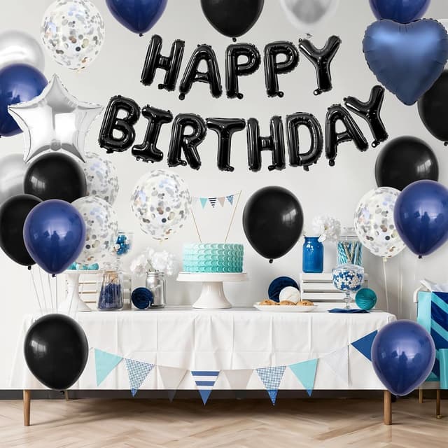 Thumbnail 6 de Navy Blue & Black “Happy Birthday” Balloon Decoration Set with Silver Confetti Balloons