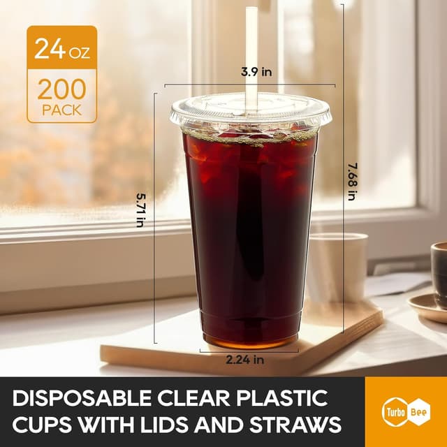 Detalle de Turbo Bee 200 Sets 24 oz Clear Plastic Cups with Lids and Straws (Disposable To-Go Iced Coffee Cups)