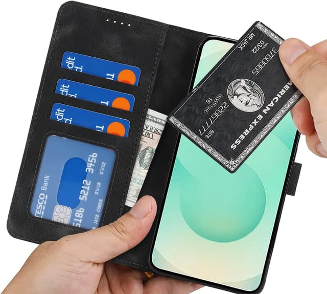 Detalle 2 de Zouzt Hülle für Samsung Galaxy S25 Plus – Stoßfeste PU-Leder Klapphülle mit Kartenhalter und Standfunktion (Vintage Schwarz)