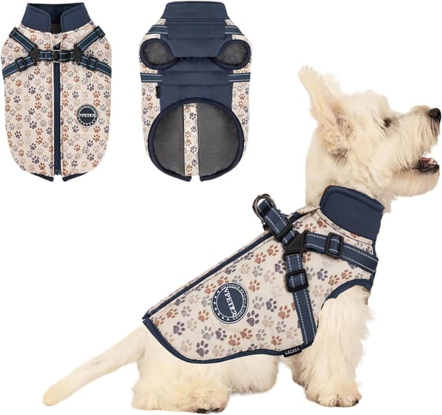 Imagen de BT Bear Dog Winter Coat With Harness (Blue, Medium) – Waterproof adjustable winter jacket for small to medium dogs en OfertitasTOP