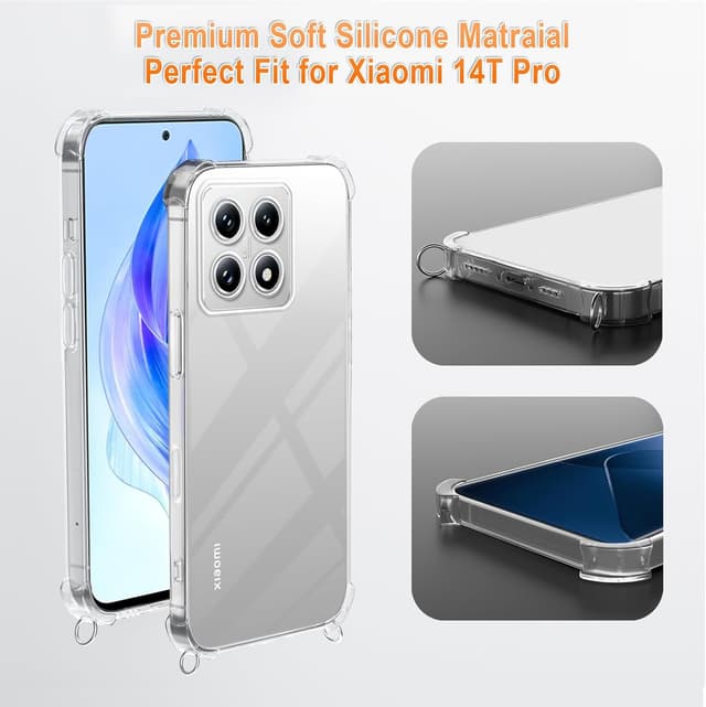 Detalle de XTCASE Coque pour Xiaomi 14T Pro avec cordon tour de cou – étui transparent en silicone TPU (or rose)