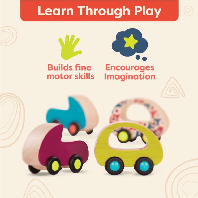 Detalle 2 de Battat B. Toys Les Wheee-Lees gratuits : ensemble de 6 voitures en bois pour tout-petits (à partir de 12 mois)