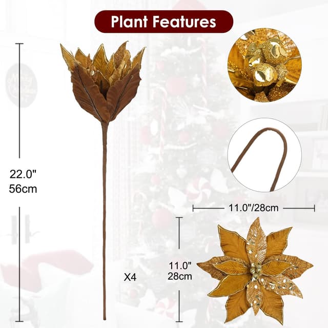 Thumbnail 5 de Oairse Glitter Poinsettia Picks 30cm 🎄