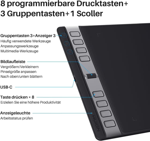 Detalle de HUION Inspiroy 2 L Grafiktablett (tragbar) mit 8192 Stufen und batterielosem Digitalstift