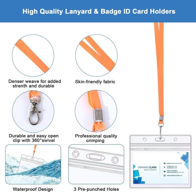 Detalle de ROSSHINE 50pcs orange lanyards with badge holders