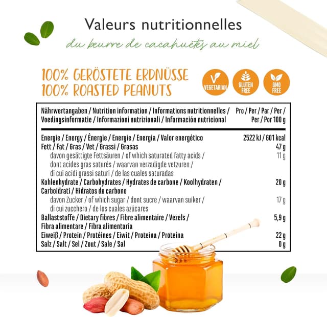 Detalle 2 de Beurre de cacahuètes Honey 1 kg : purée naturelle aux protéines (sans sel, sans sucre ajouté)