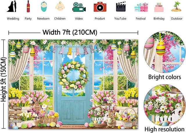 Thumbnail 4 de Spring Easter Backdrop Rabbit Colorful Eggs