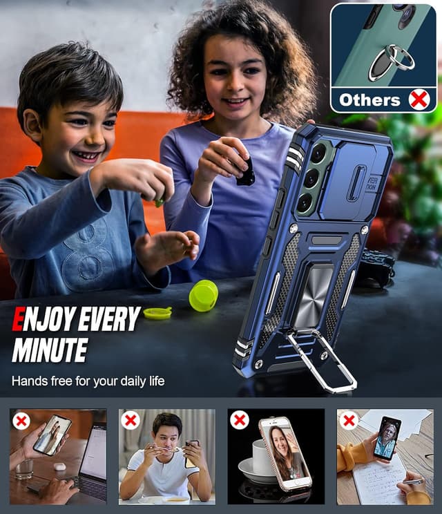 Thumbnail 6 de LeYi Samsung Galaxy S22 5G Case with sliding camera cover and 360° ring stand (N-Blue)