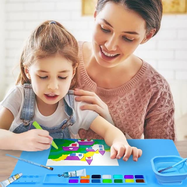 Detalle de TENQUAN Silikon-Bastelmatte 51 x 41 cm mit Becher – abwaschbare Antihaft-Unterlage zum Malen & Basteln (blau)