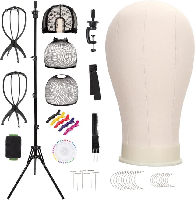 Detalle de Demides 22'' Canvas Wig Head with 61'' Adjustable Tripod Stand – Mannequin Head Set for Styling, Display, and Practice