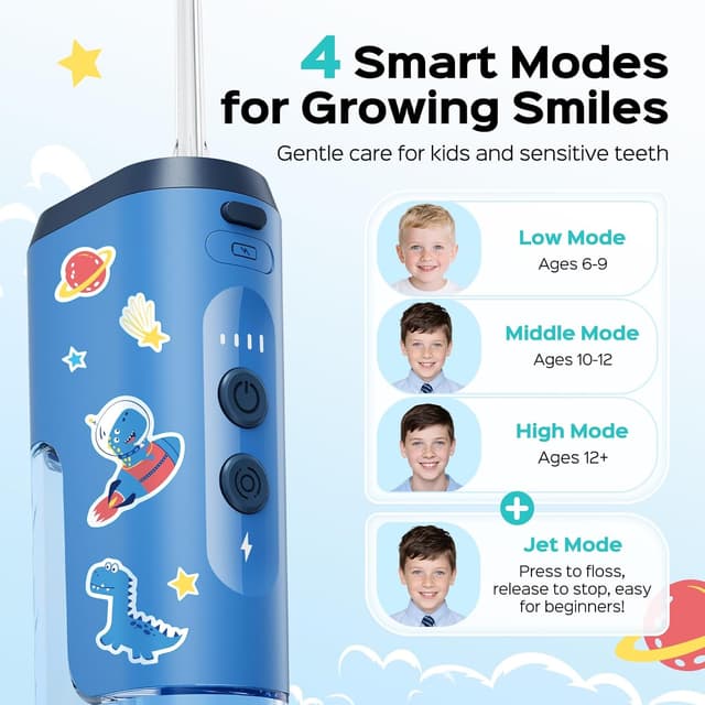 Detalle de COSLUS T40 Portable Water Flosser for Kids (Ages 6+) with 4 Gentle Modes, Braces-Safe Design, DIY Stickers & 4 Nozzles