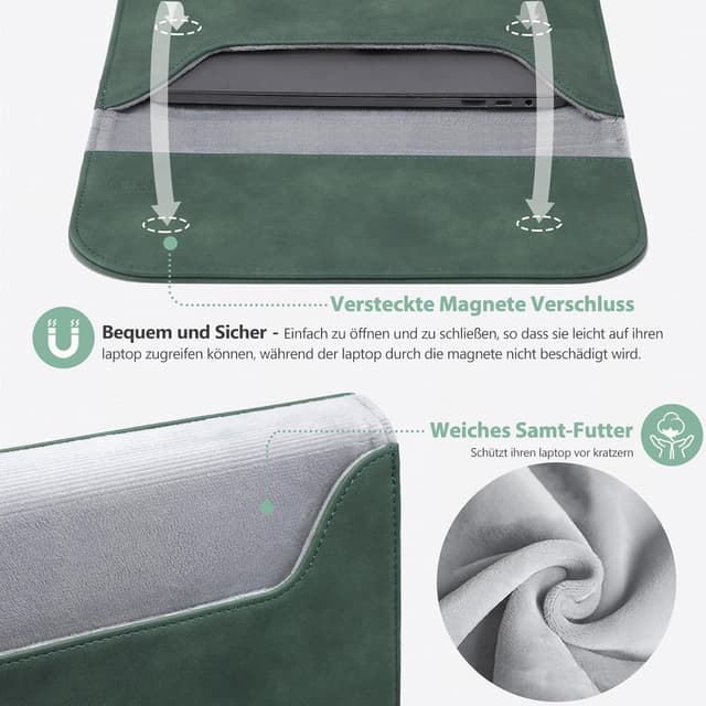 Detalle de HYZUO 15-inch laptop sleeve case bag in faux suede leather (Midnight Green)