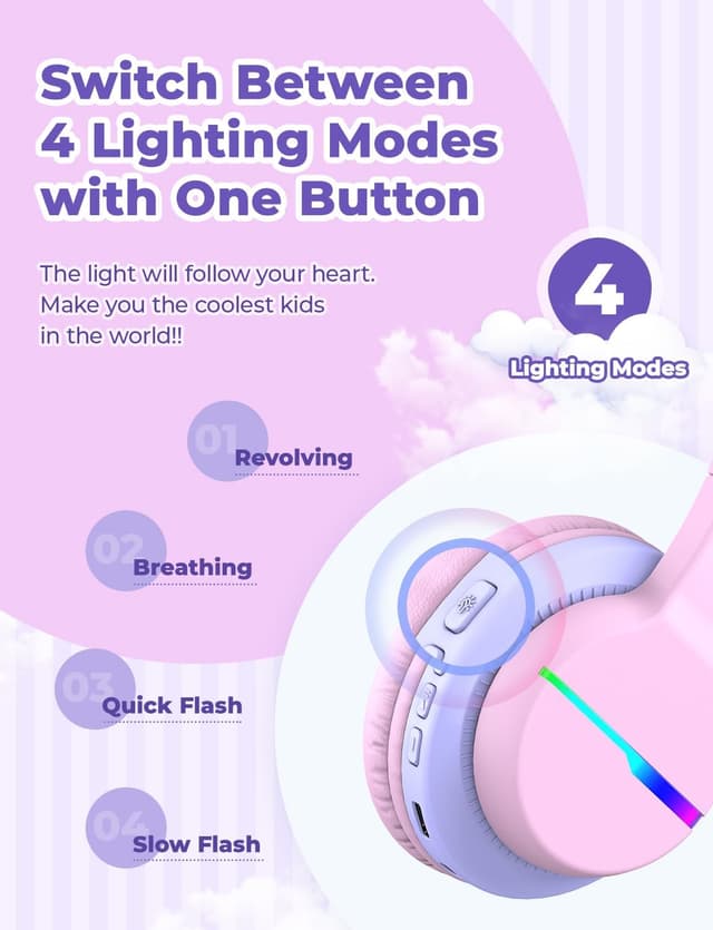Detalle 2 de iClever Bluetooth Kinder-Kopfhörer 2er-Set mit LED-Leuchten, 74/85 dBA Begrenzung, Bluetooth 5.2 und Mikrofon