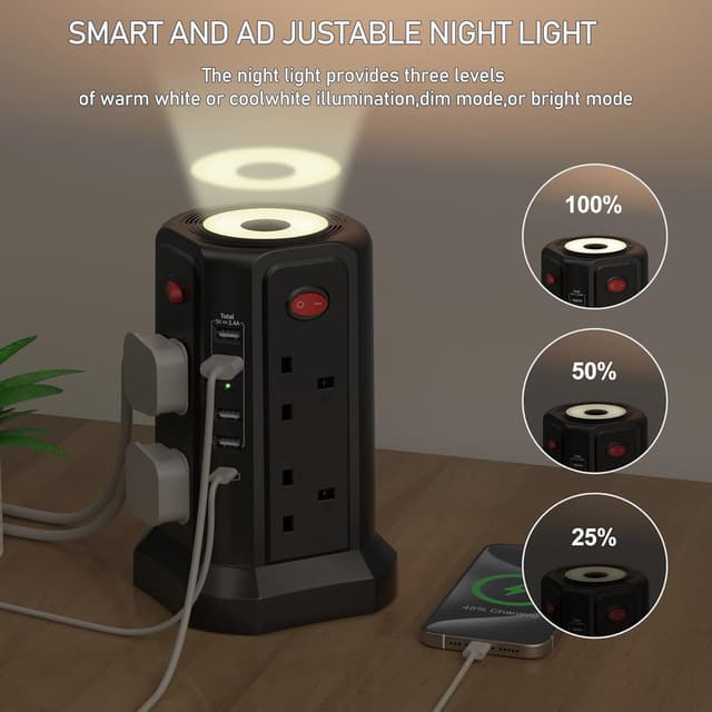 Detalle de Tower Extension Lead 8-Way 3M with 5 USB Ports 🔌