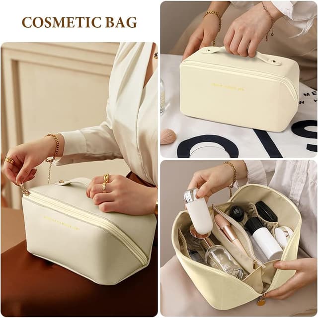 Detalle de Grande trousse de maquillage Aucuu en cuir PU imperméable, avec poignée et séparateurs