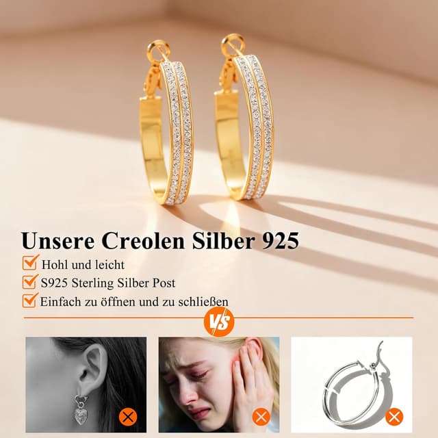 Detalle de LOUMILEO 5mm Creolen Silber 925 mit doppelter Zirkonia-Optik (Doppelreihig) für Damen