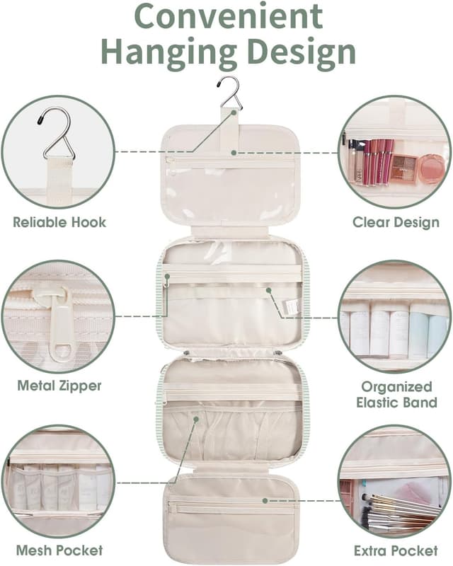 Detalle de Narwey Large Hanging Travel Toiletry Bag (Mint Green Stripe) with 4 Compartments