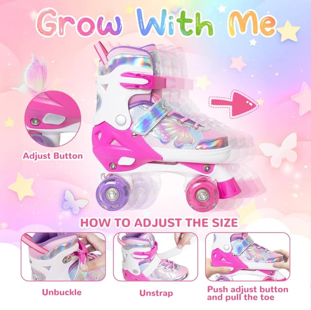 Detalle de Nattork Kids Roller Skates (Adjustable Quad Skates, 4 Sizes) with Light-Up Butterfly & Flower Wheels