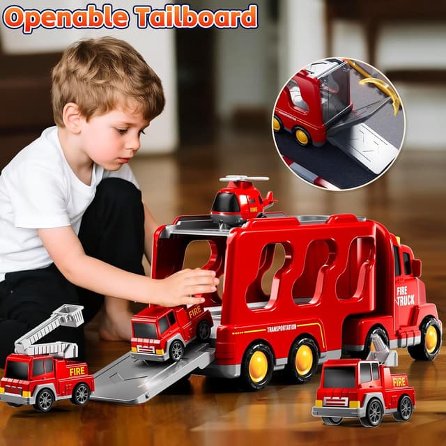 Thumbnail 1 de KIZONLY Fire Truck Toys 5-in-1 Carrier Vehicle Set 🚒