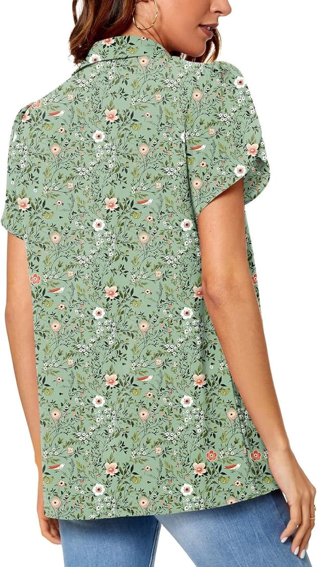 Detalle de Aodemo women’s chiffon pleated V-neck collared short-sleeve tunic blouse