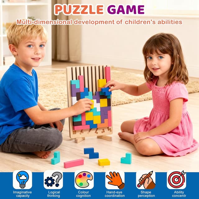 Detalle de Holzpuzzle Tetris – Montessori Lernspielzeug aus Naturholz (3D Stapel-/Steckpuzzle) für Kinder ab 3