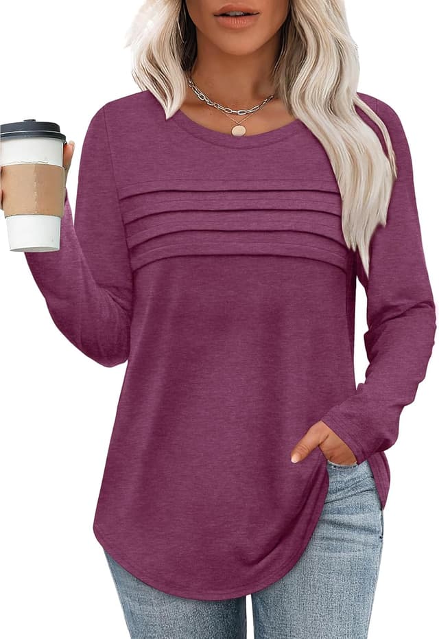 Detalle de XIEERDUO Women’s Pleated Front Crewneck Sweatshirt Top (Long Sleeve)