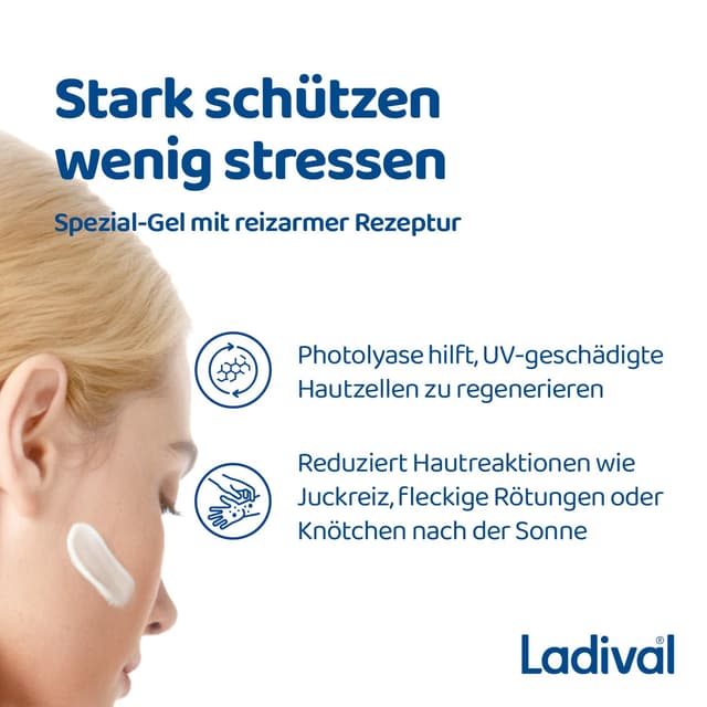 Detalle de Ladival Sonnenschutz Gel Gesicht LSF 50+ für allergische Haut & Mallorca-Akne (wasserfest) – 50 ml