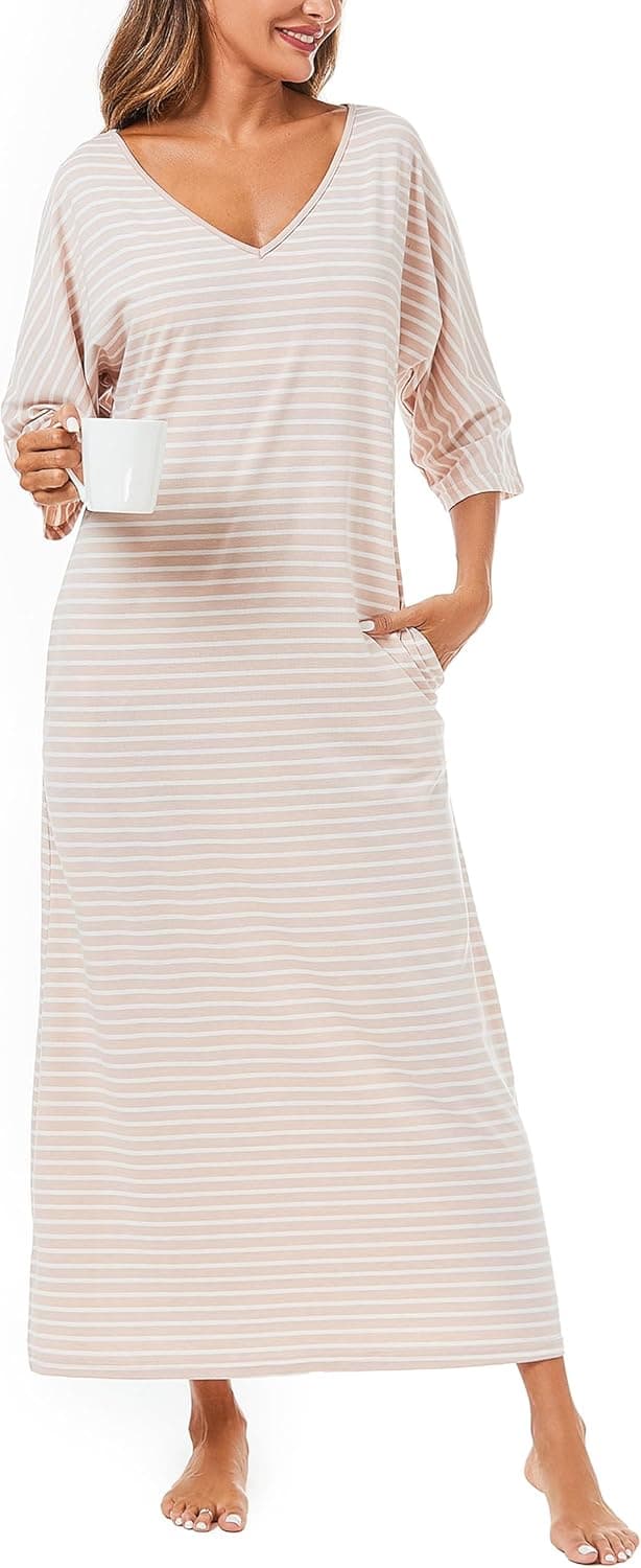 Detalle de Uniexcosm Chemise de nuit longue en coton pour femme, col en V et poches latérales