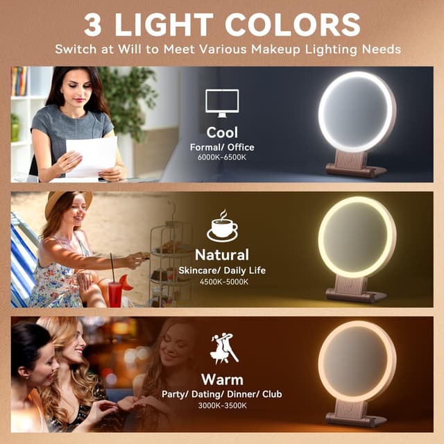 Detalle 2 de Auxmir Kosmetikspiegel mit Beleuchtung (30X/1X), 3 Farblichter, dimmbar, 2000 mAh
