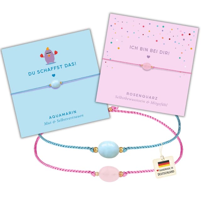 Detalle de happymaker Edelsteine für Kinder: 2er-Armband-Set mit Rosenquarz & Aquamarin (4–10 Jahre)