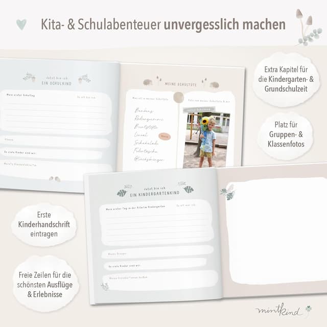 Detalle de mintkind® Erinnerungsalbum Kindheit Beige – Babybuch mit Sticker-Set, Hardcover-Fotoalbum (0–10 Jahre)