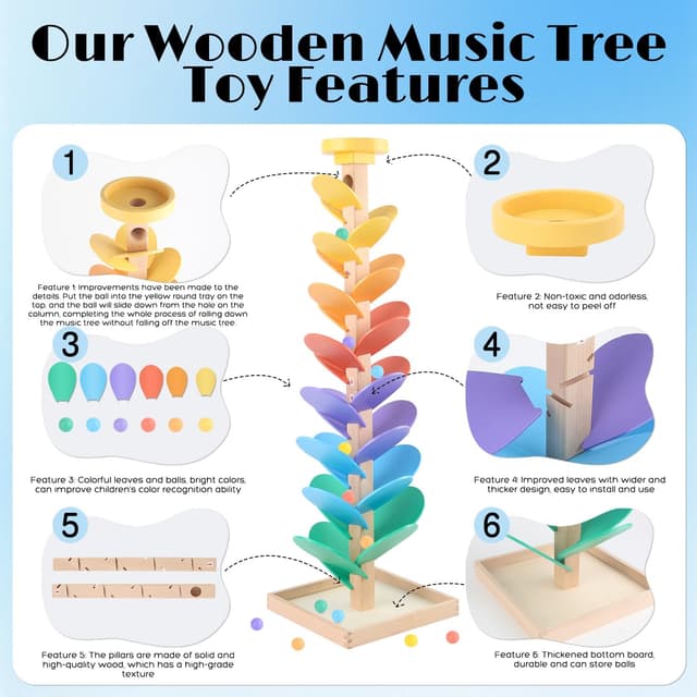 Detalle de Wooden Marble Run Music Tree Toy for Kids (49-Piece Set, Ages 3–5)