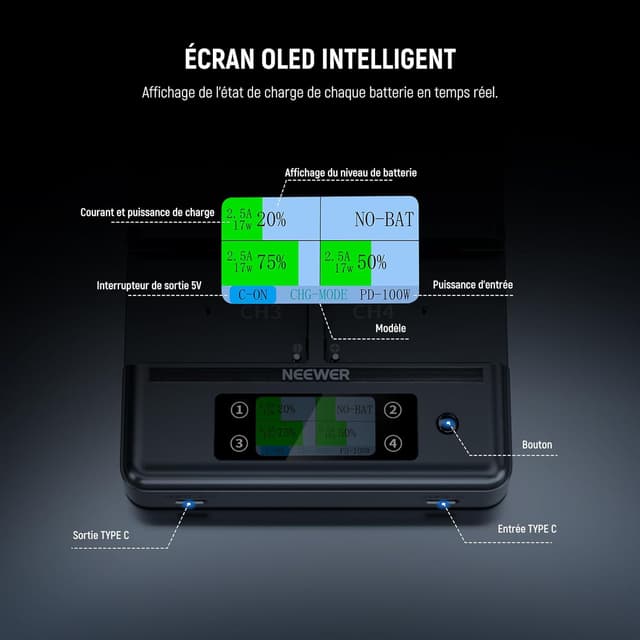 Detalle de NEEWER NP-F970 Chargeur 4 canaux avec consolidation d’alimentation intelligente et écran OLED