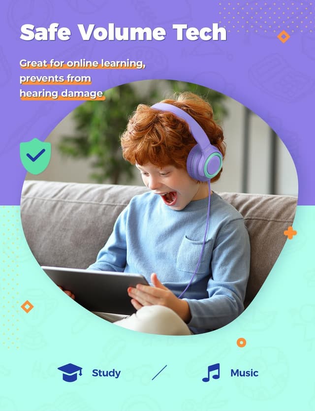 Detalle de iClever 2 Pack Kids Wired Headphones (85dBA volume limit) – foldable, adjustable headband