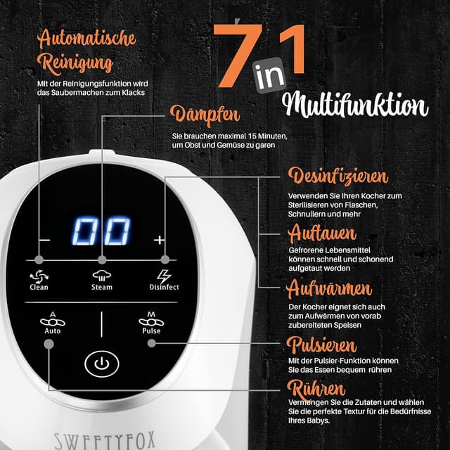 Detalle de Sweety Fox 7-in-1 Multifunktions Babynahrungszubereiter – Dampfgarer, Mixer, Pulse, Sterilisieren & mehr